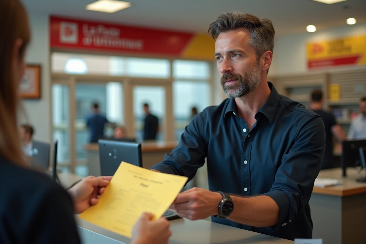 Homme déposant un formulaire de réexpédition de courrier au guichet d'un bureau de poste français