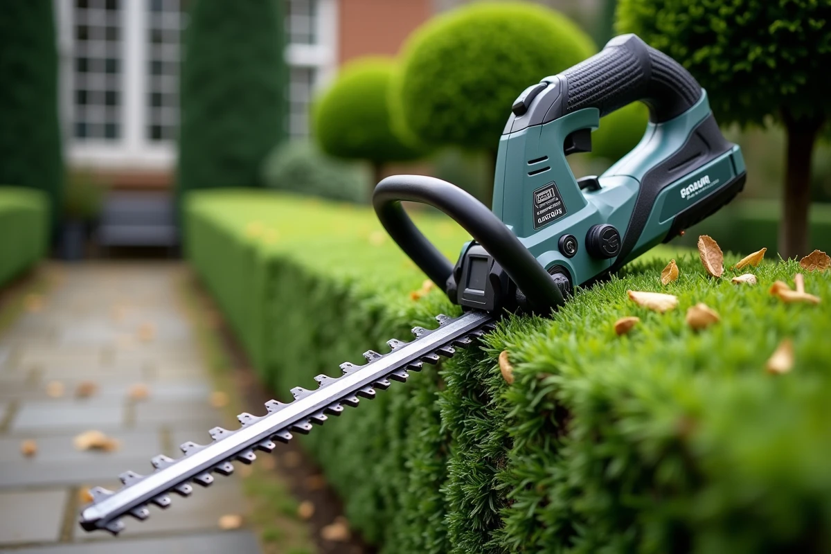 Gros plan sur les lames et la poignée d'un taille-haie sans fil posé contre une haie de buis taillée dans un jardin formel