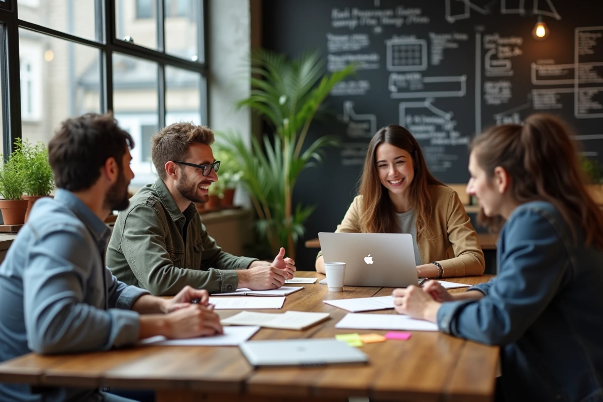 Groupe de personnes créatives en session de brainstorming dans un café co-working aux grandes fenêtres industrielles