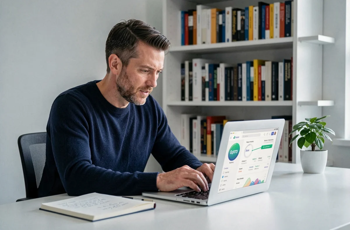 Homme consultant une application de gestion financière personnelle sur un ordinateur portable dans un bureau à domicile minimaliste