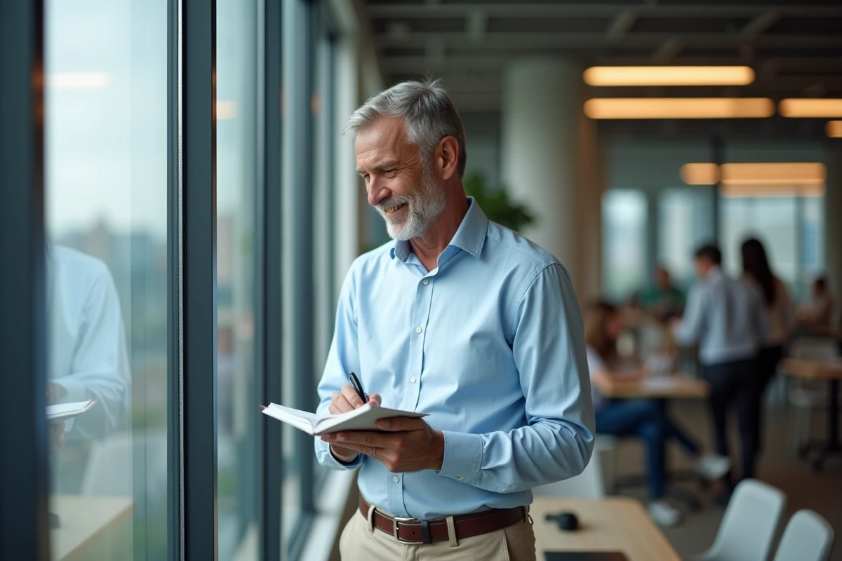 Homme en coworking prenant des notes près d