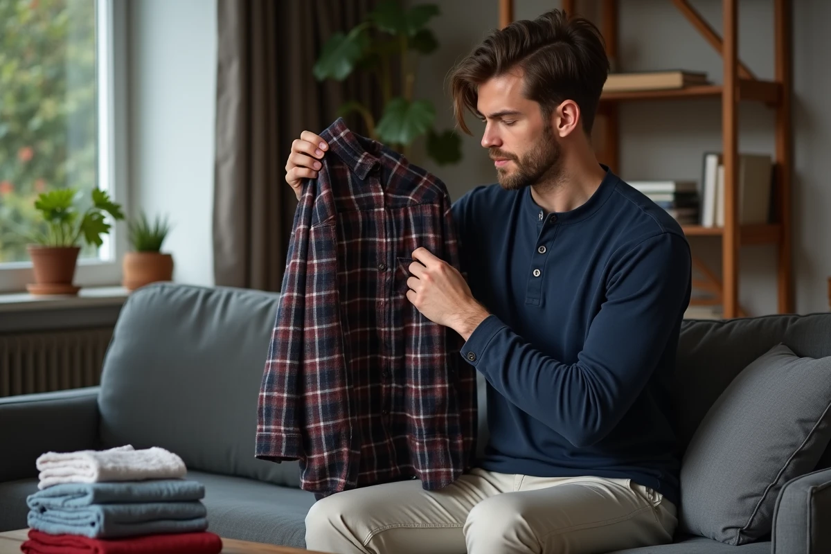 Homme inspectant un vêtement de seconde main acheté via Sellpy dans son salon, évaluant la qualité de l'article reçu