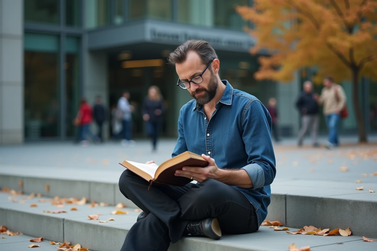 Homme intellectuel lisant un livre sur les marches d'un centre culturel contemporain en béton et verre