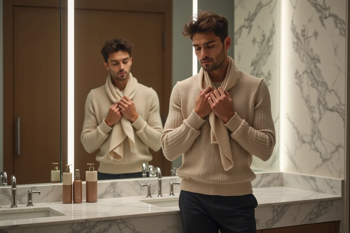Homme ajustant un foulard dans un miroir de salle de bain