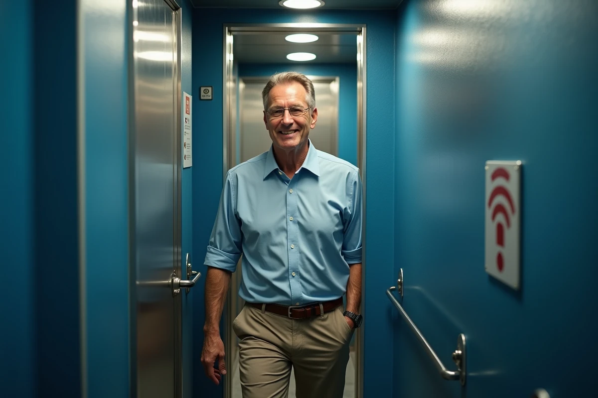 Homme sortant des toilettes du bus avec un sourire satisfait