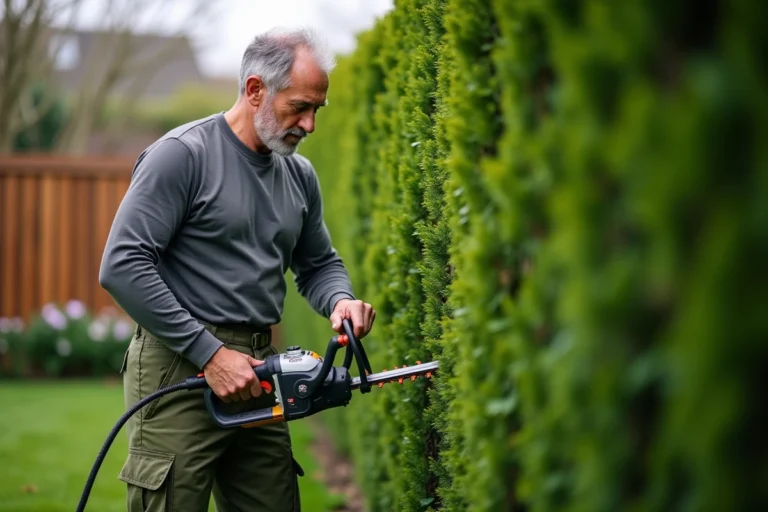 Homme utilisant un taille-haie électrique filaire pour tailler une haie haute dans un jardin de banlieue