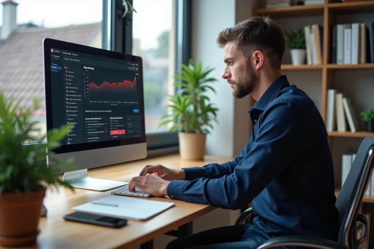 Homme concentré analysant des statistiques DFS dans un bureau lumineux