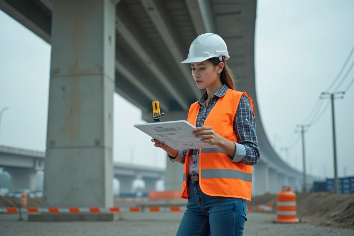 Ingénieure de chantier inspectant une colonne en béton fissuré avec une checklist de contrôle de scellement chimique