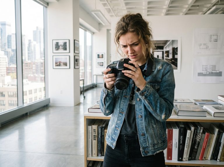 Jeune femme en denim dans une classe lumineuse et moderne