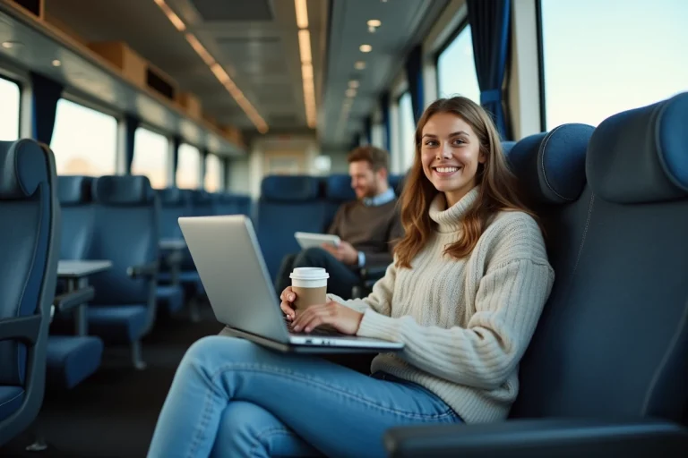 Jeune femme souriante utilisant son laptop en voyage en bus