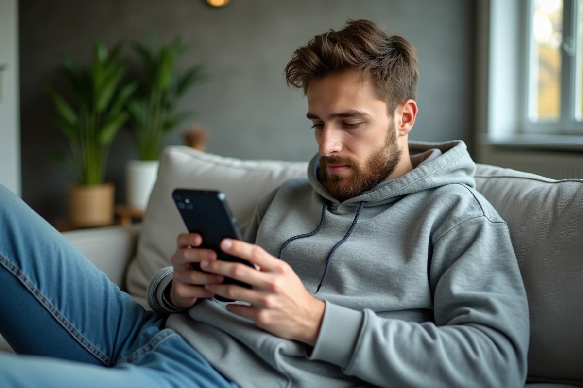 Jeune homme allongé sur un canapé consultant des annonces immobilières sur une application mobile pour trouver un logement à louer