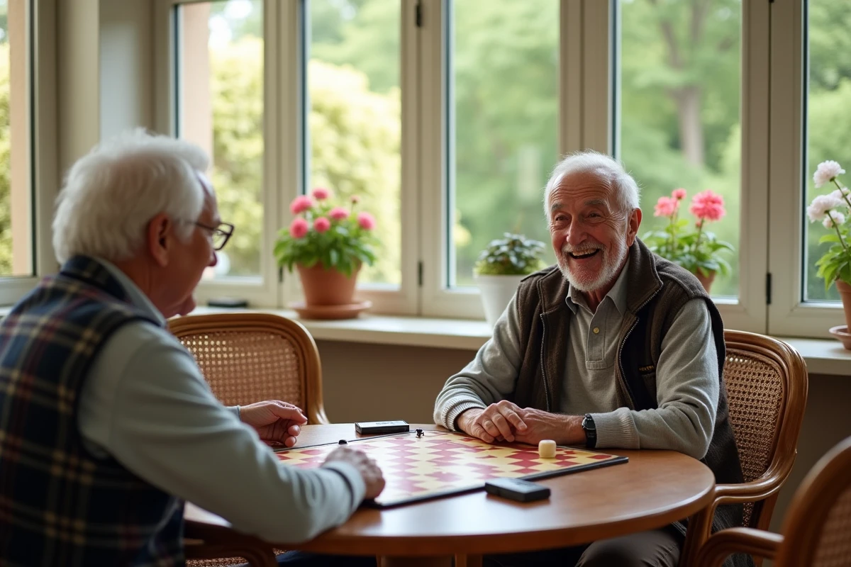 Deux hommes âgés jouent à un jeu de société dans une salle lumineuse