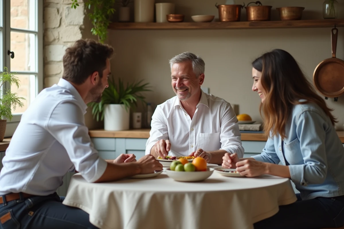 Laurent Neumann en famille autour d'un repas convivial dans un appartement parisien, illustrant sa vie privée