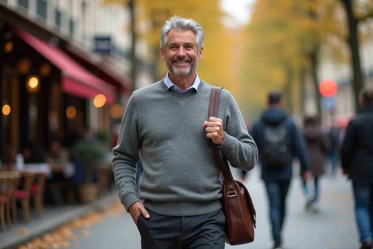 Journaliste se promenant dans une rue parisienne en automne, illustrant la vie quotidienne de Laurent Neumann