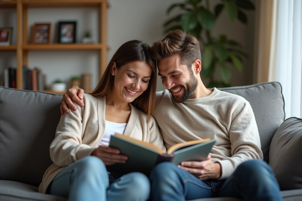 Couple dans un salon lisant un album photo ensemble