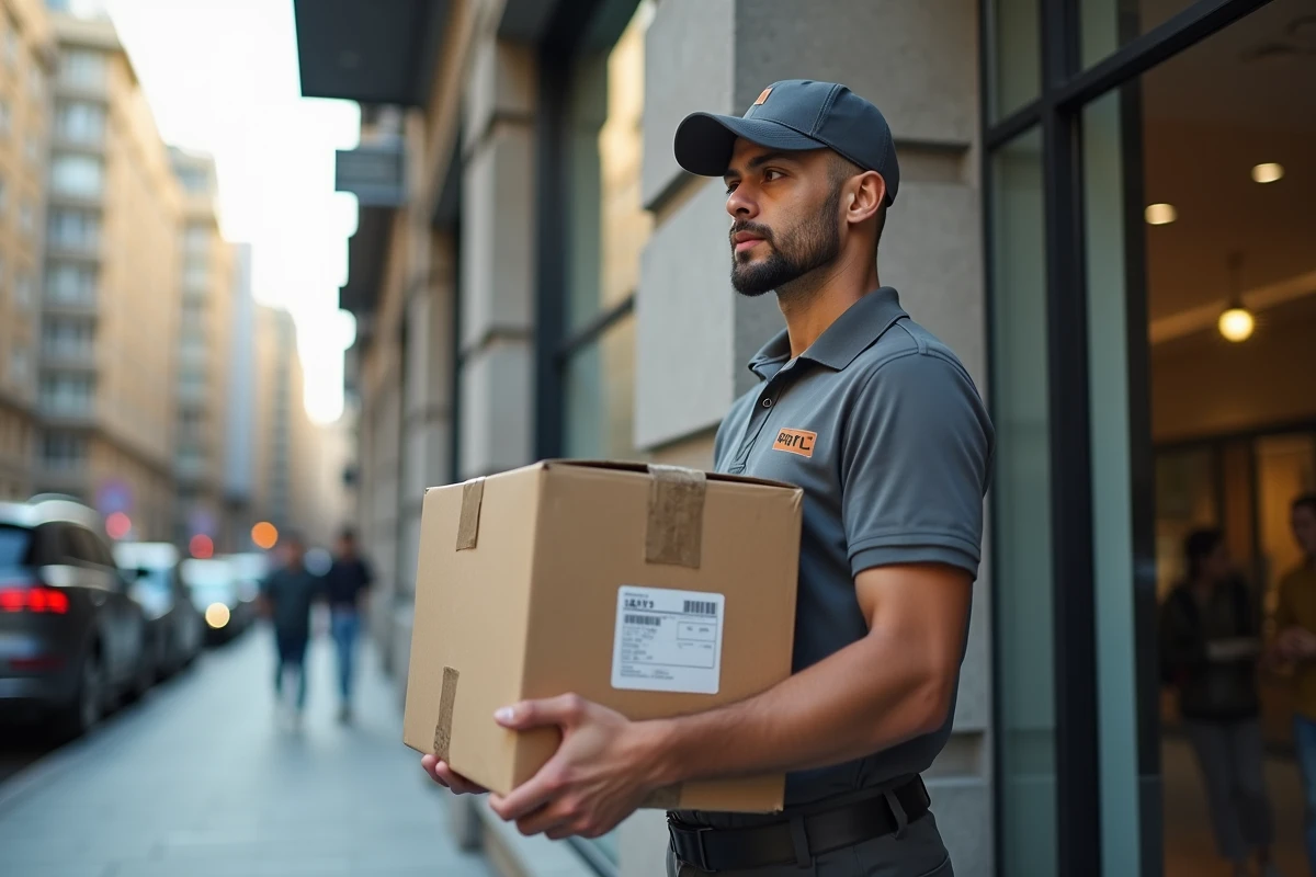 Livreur tenant un colis Asos devant un immeuble urbain représentant les délais de livraison express