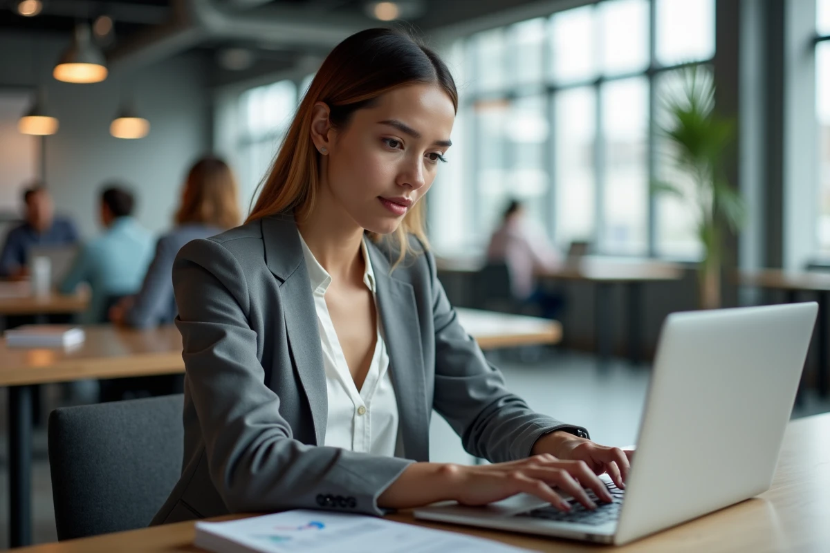 Jeune professionnelle rédigeant un message sur une plateforme professionnelle pour entrer en contact avec un entrepreneur célèbre