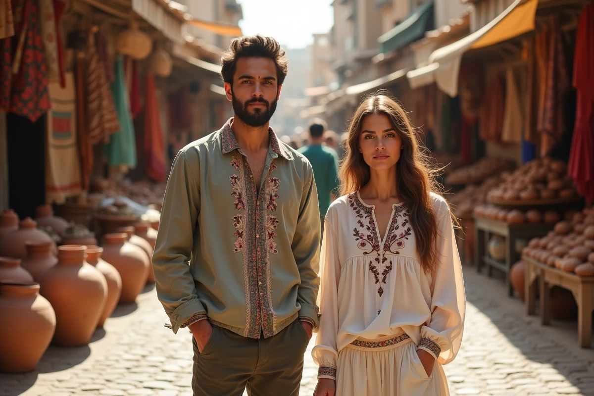 Deux jeunes adultes d'origine nord-africaine dans un souk marocain traditionnel coloré, symbolisant les racines culturelles communes de Moustafa El Oudi et Marwa Cheikh