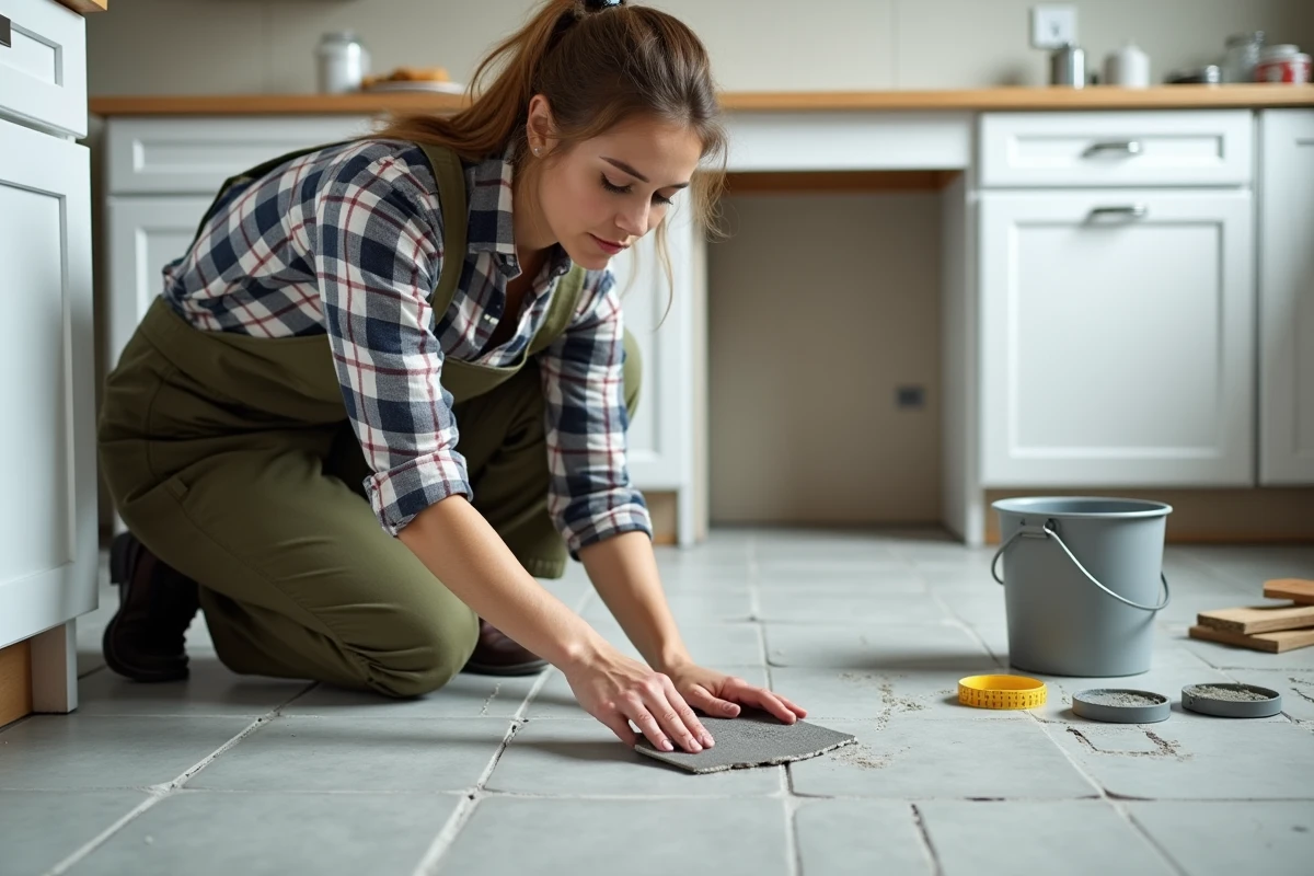 Femme posant des carreaux de céramique grise lors d'une rénovation de cuisine