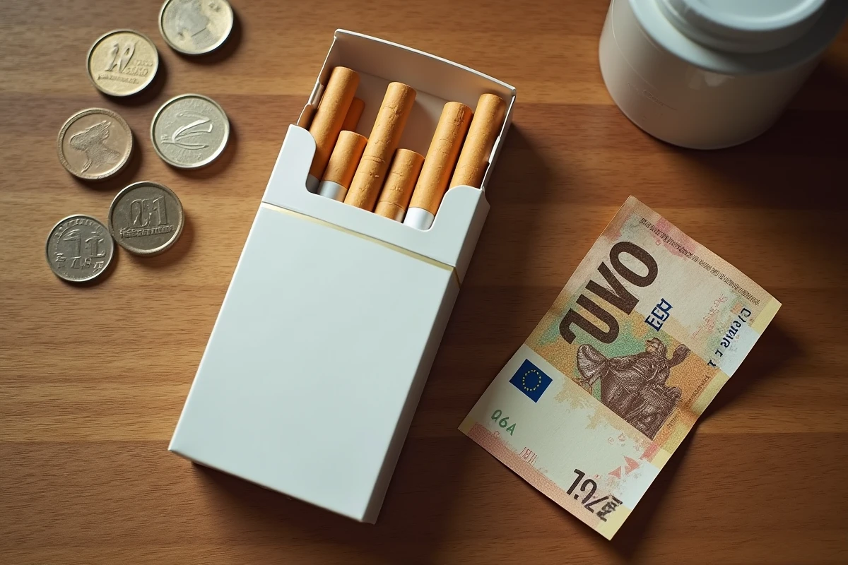 Comparaison du prix des cartouches de cigarettes avec des euros et une note de prix manuscrite