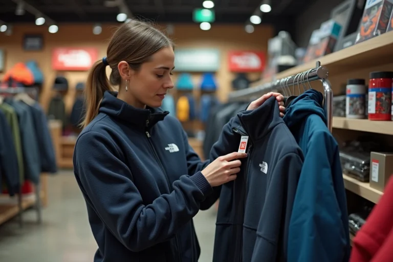 Femme examinant l'étiquette de prix d'une veste The North Face dans un magasin de sport haut de gamme