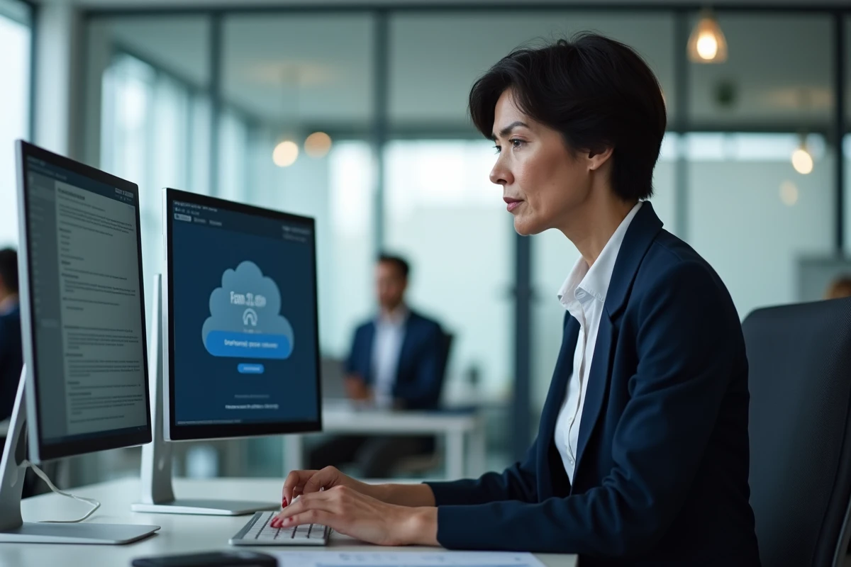 Femme en entreprise consultant deux écrans pour résoudre un problème de connexion à un service cloud