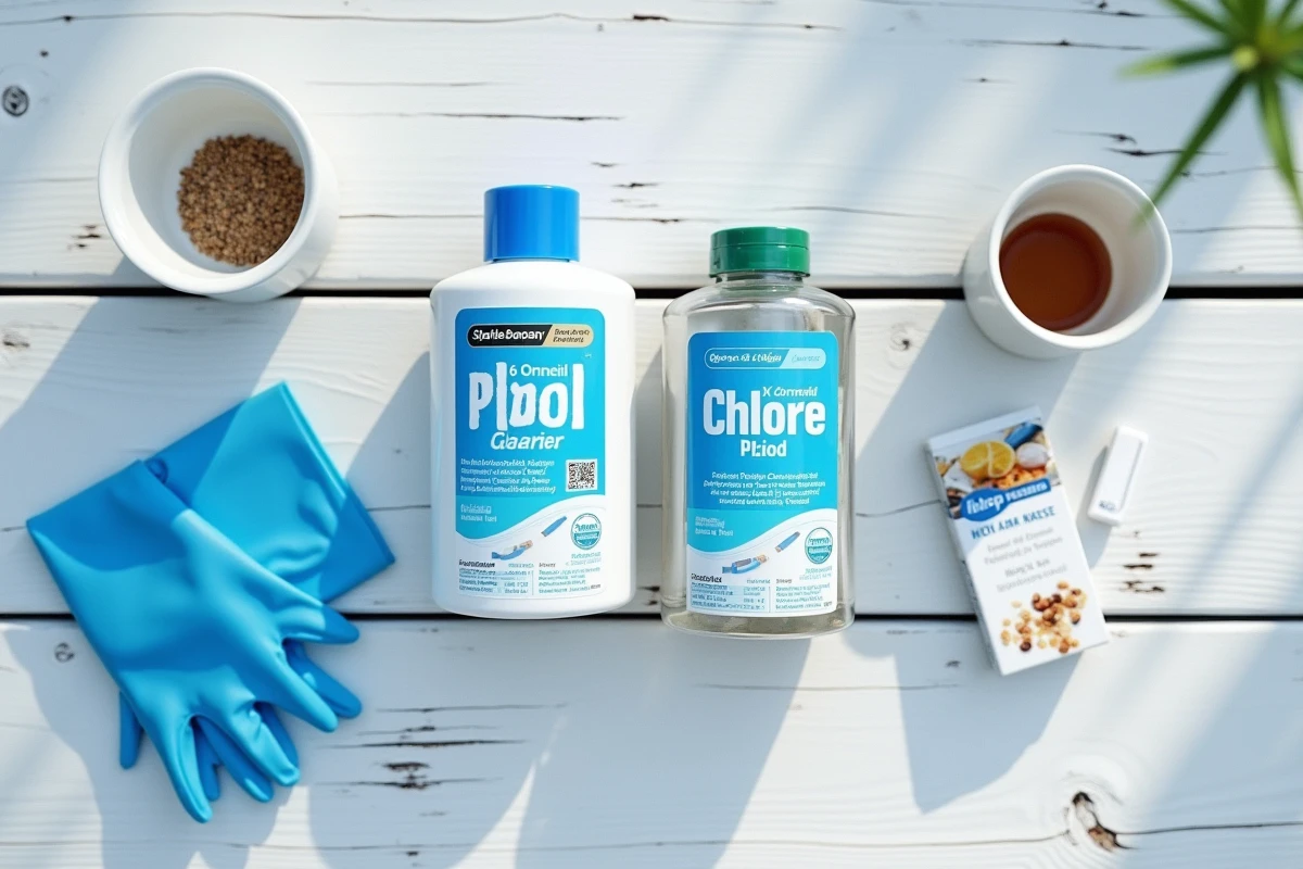 Produits de traitement piscine côte à côte : clarifiant liquide et chlore choc avec kit de test d'eau