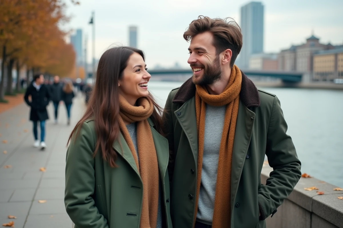 Deux personnes souriantes sur une promenade en ville en automne