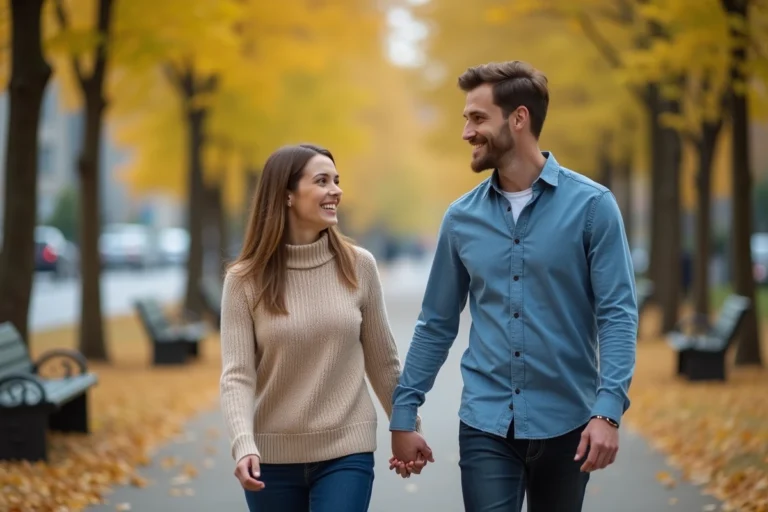Femme souriante avec son mari dans un parc automnal