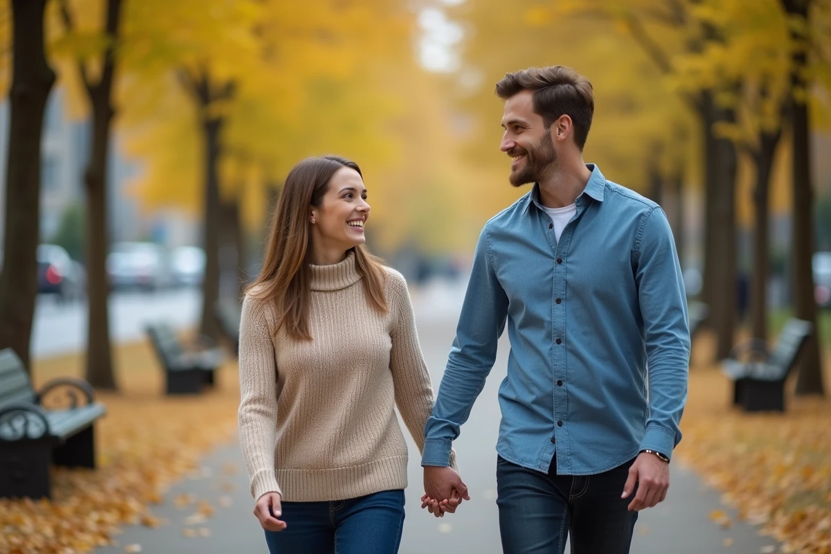 Femme souriante avec son mari dans un parc automnal