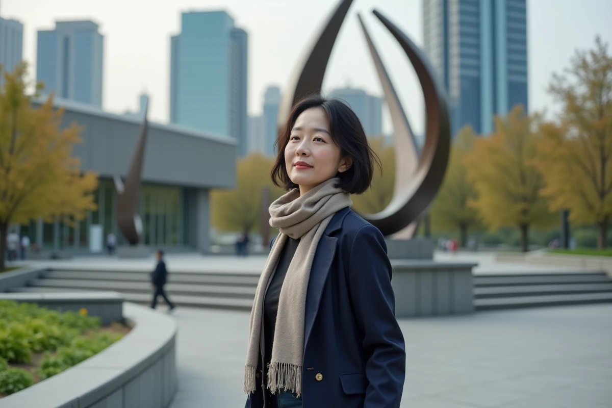 Femme asiatique dans parc urbain avec sculptures modernes