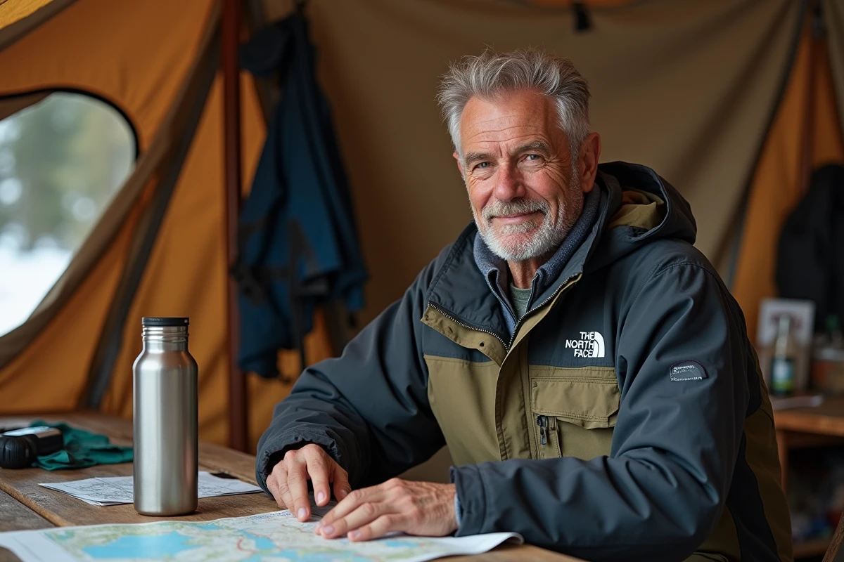 Professionnel de plein air portant une veste technique The North Face lors d'une expédition en montagne