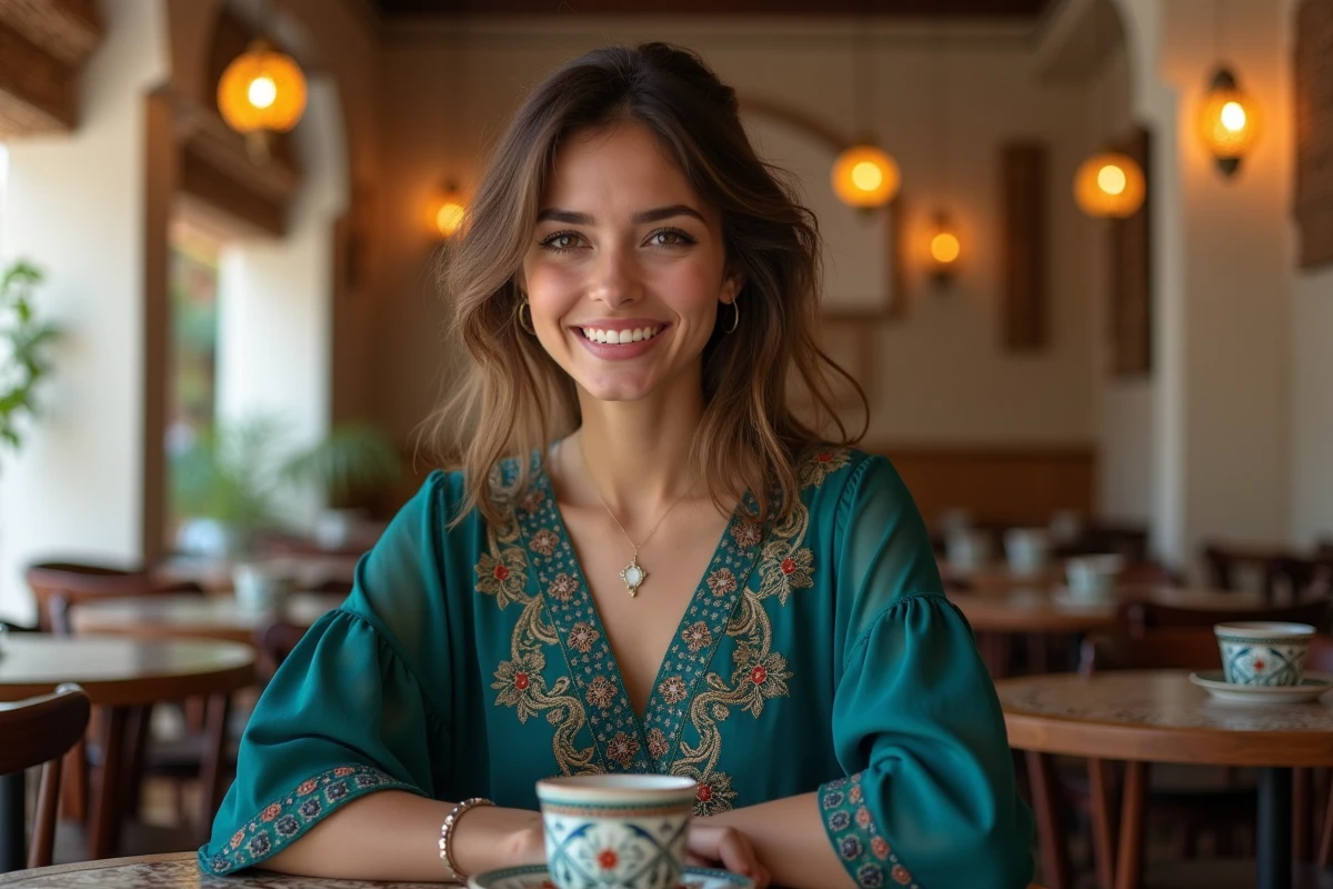 Jeune femme d'origine arabe en tenue traditionnelle brodée dans un café maghrébin authentique, illustrant les racines culturelles de Marwa Cheikh