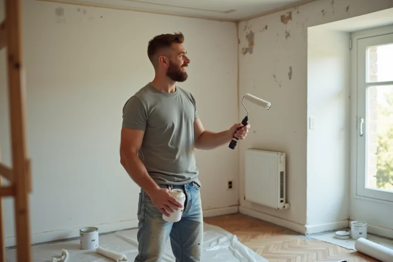 Homme en train de peindre un mur blanc lors d'une rénovation intérieure de maison
