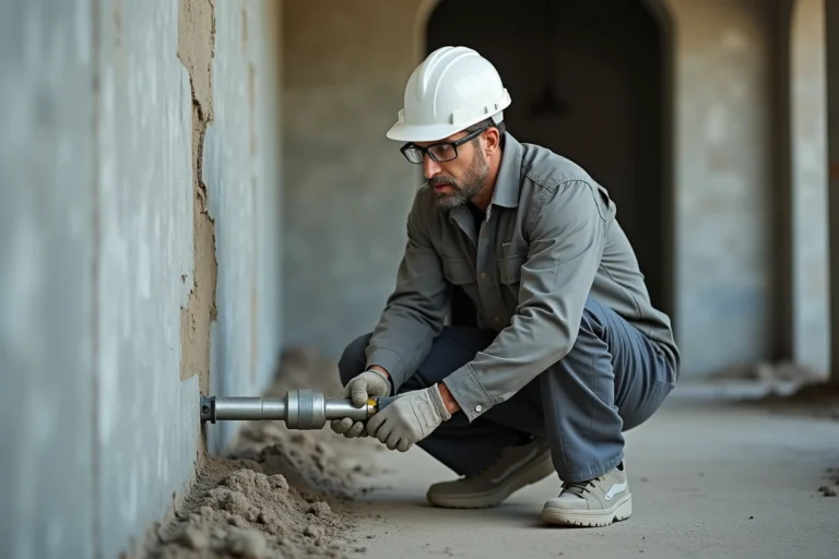 Technicien en bâtiment réalisant un scellement chimique dans une fissure de mur en béton avec une cartouche résine
