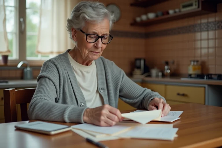 Femme âgée triant le courrier d'un proche décédé à la table de cuisine, entourée d'enveloppes et de lettres officielles