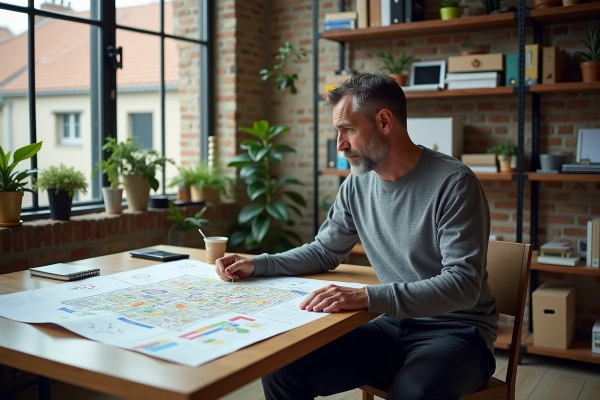 Urbaniste analysant une carte du marché locatif dans une ville moyenne française