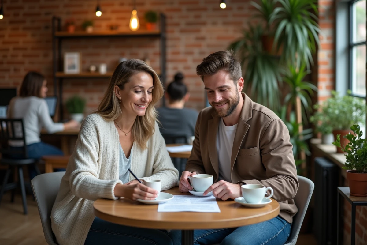 Deux utilisateurs de la plateforme Yoojo discutant d'un accord de service dans un espace de coworking