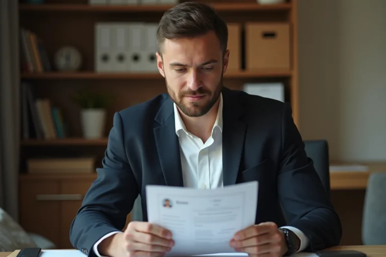 Vétéran militaire en blazer marine révisant son CV dans un bureau moderne pour postuler à des emplois civils